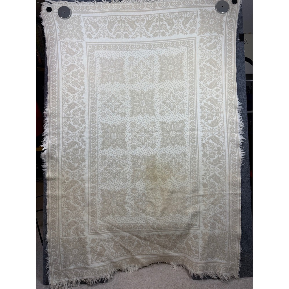 Vintage Goodwin Weavers Cotton Throw Blanket Bird Floral Woven Fringed Cream Tan